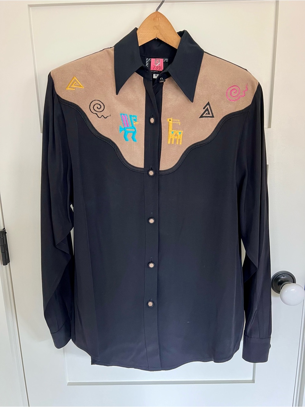Black Western-Style Button Front Blouse with Tan Yoke and Multicolor Embroidery